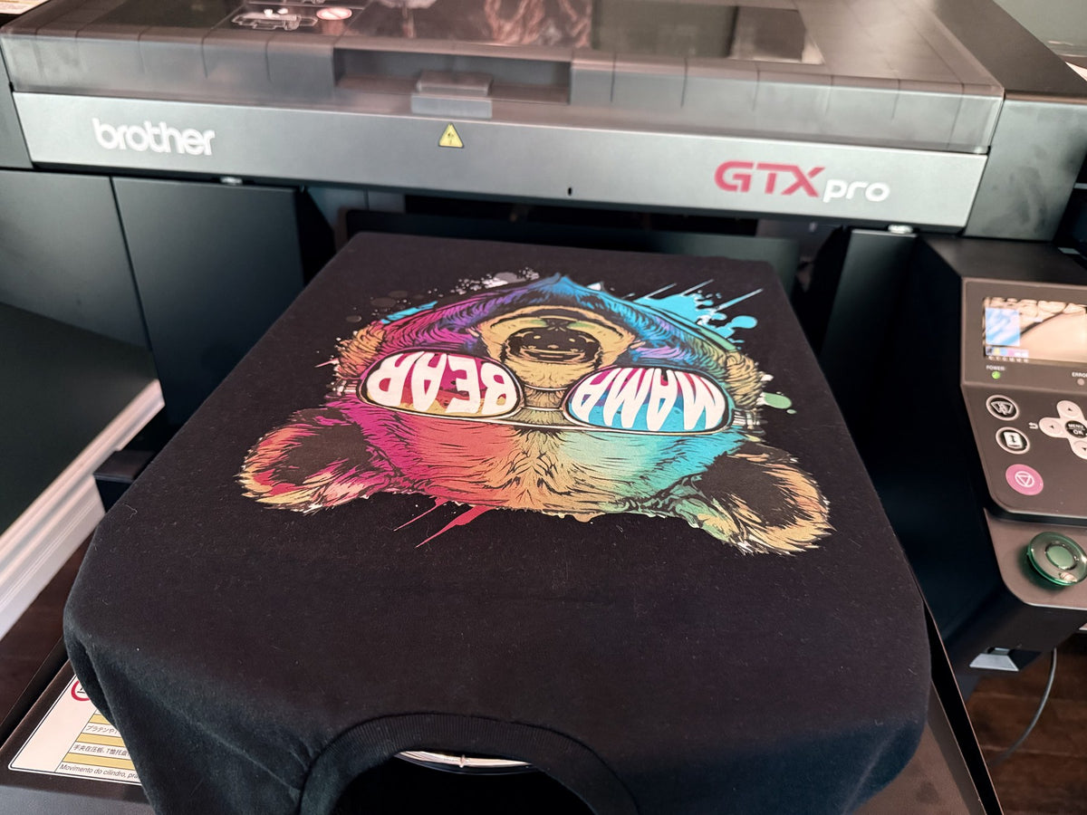 Colorful Mama Bear shirt freshly printed at Goshen Graphics
